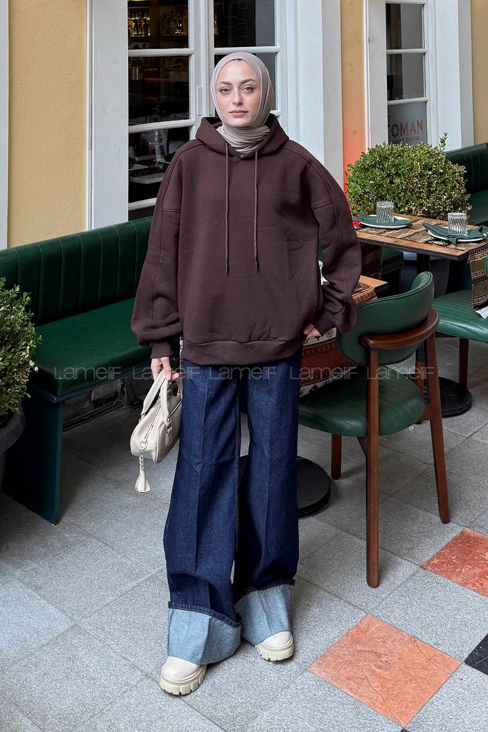 Lamelif Kapüşon Yaka Cepli Sweatshirt Kahverengi