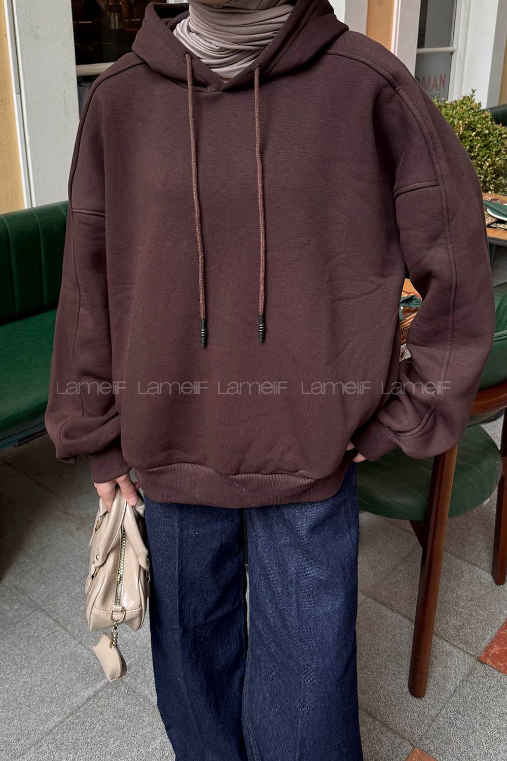 Lamelif Kapüşon Yaka Cepli Sweatshirt Kahverengi
