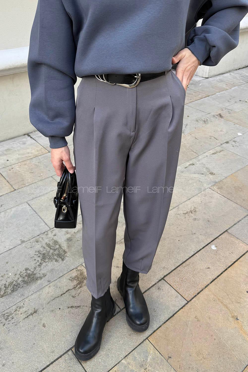 Lamelif Kemerli Havuç Pantolon Gri