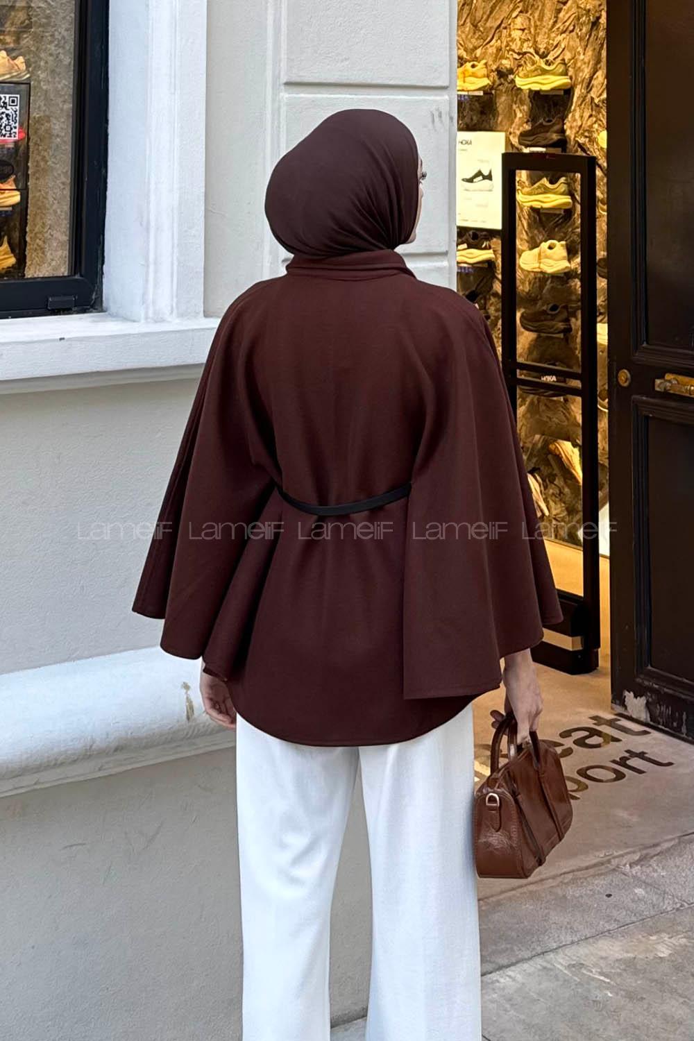 Lamelif Kemerli Kaşe Panço Kahverengi