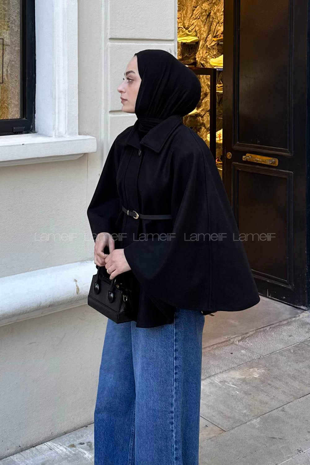 Lamelif Kemerli Kaşe Panço Siyah