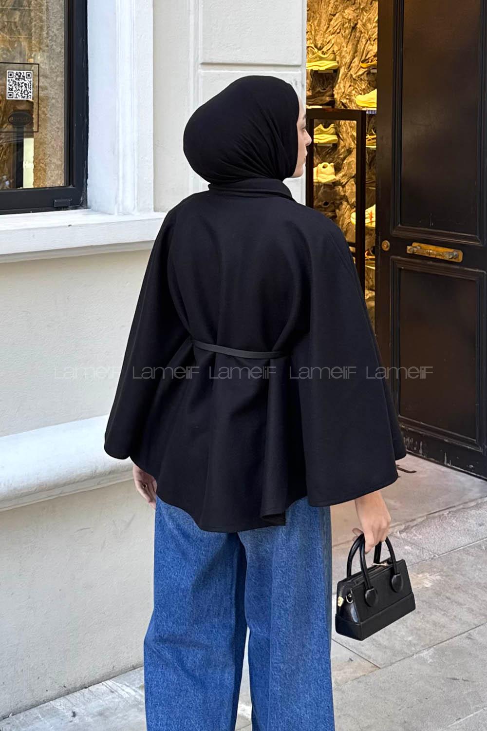 Lamelif Kemerli Kaşe Panço Siyah