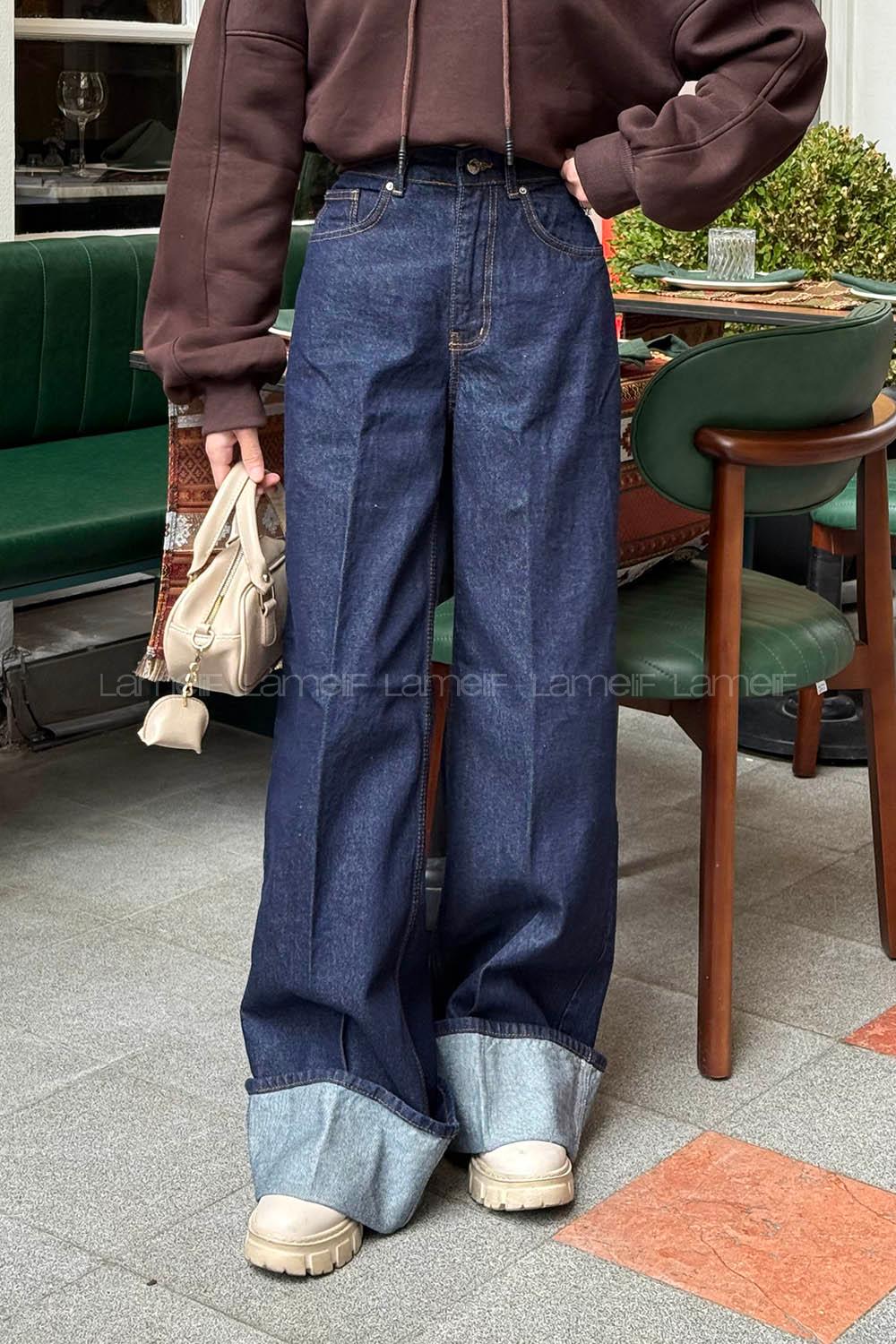 Lamelif Kıvrık Paça Jean Koyu Mavi