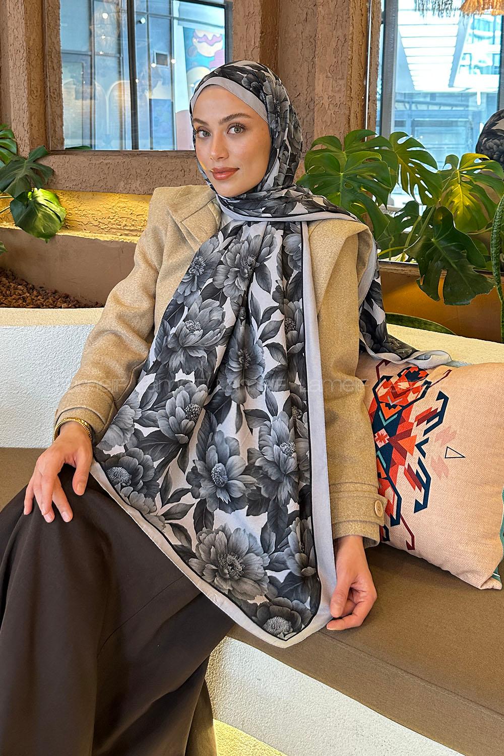 Gray Cotton Fabric Striped Printed Shawl