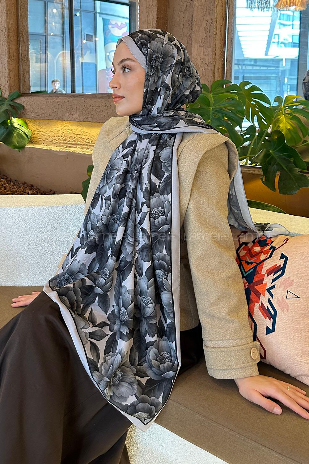 Gray Cotton Fabric Striped Printed Shawl