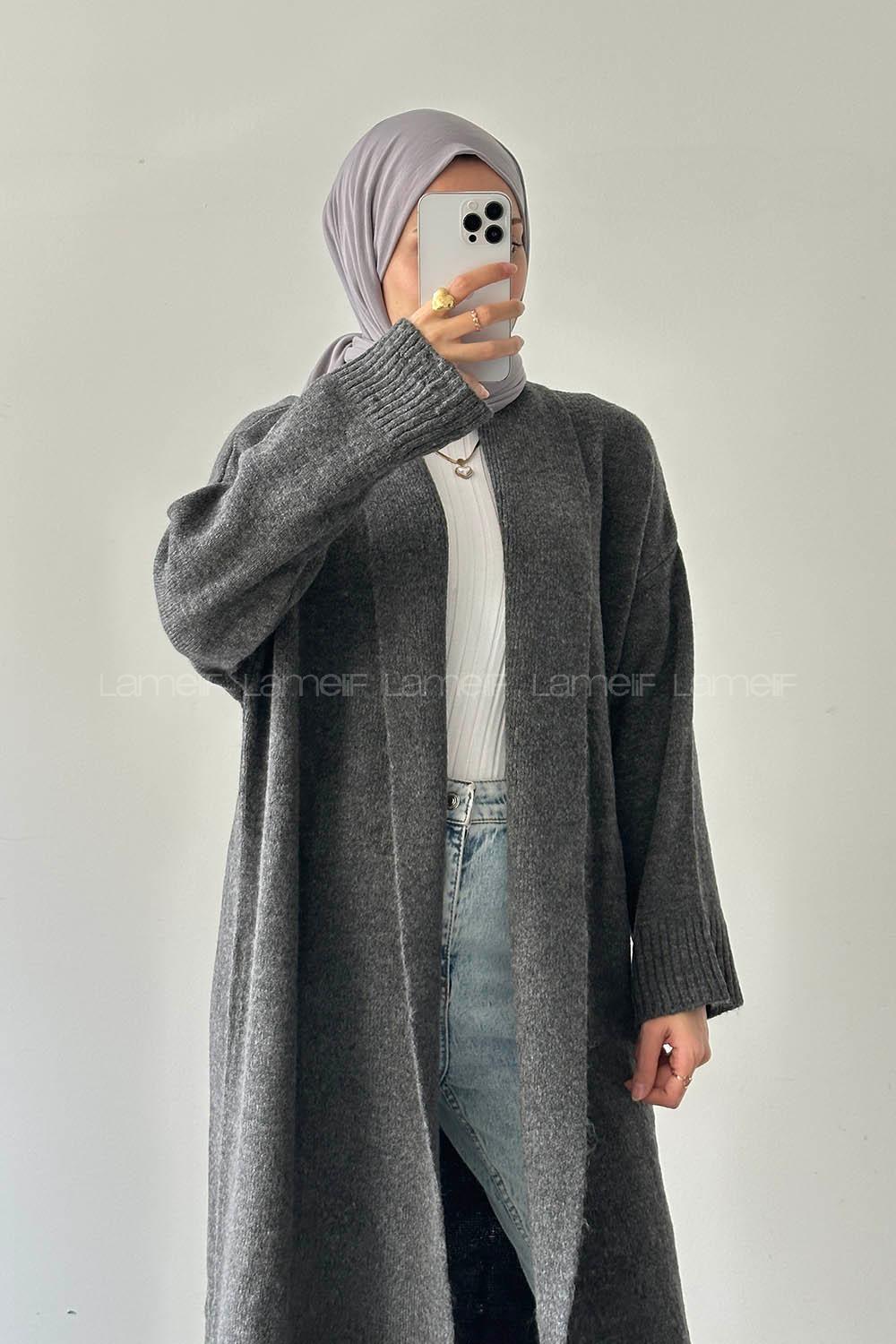 Lamelif Uzun Tesettür Hırka Antrasit
