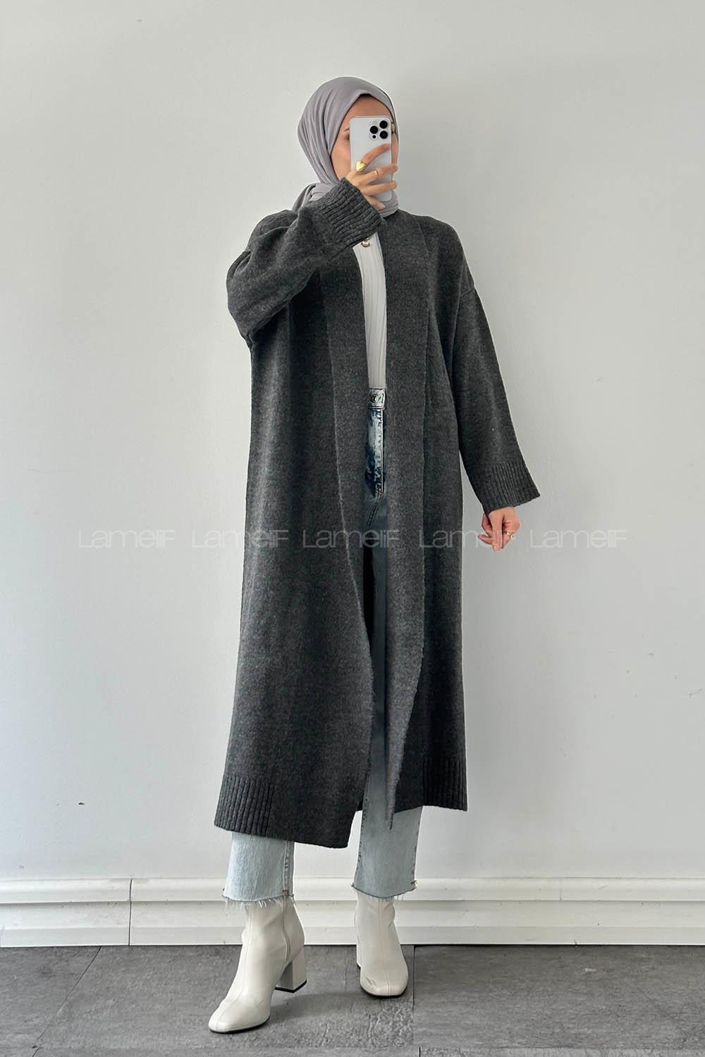 Lamelif Uzun Tesettür Hırka Antrasit