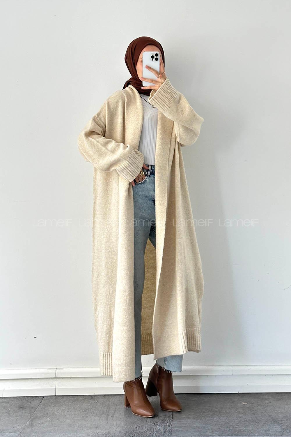 Beige V Neck Long Arm Acrylic Cotton Fabric Cardigan