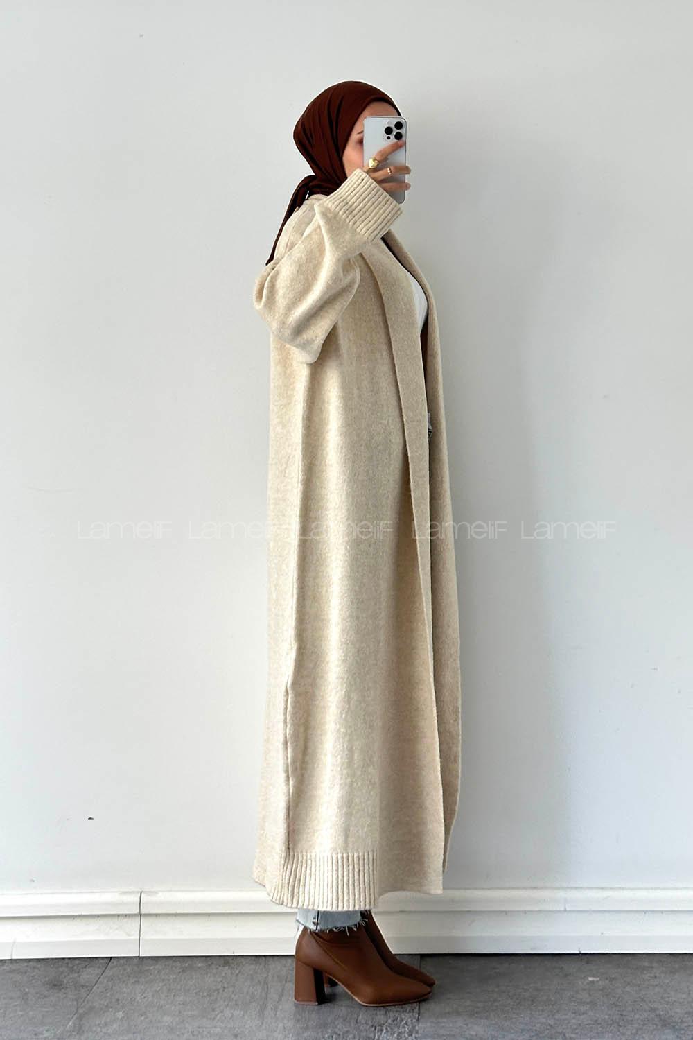 Beige V Neck Long Arm Acrylic Cotton Fabric Cardigan