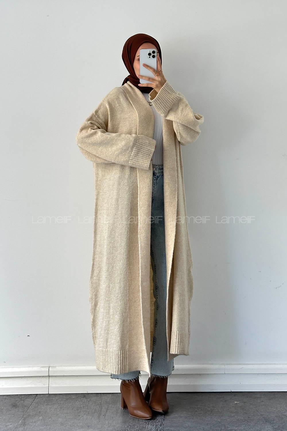 Beige V Neck Long Arm Acrylic Cotton Fabric Cardigan