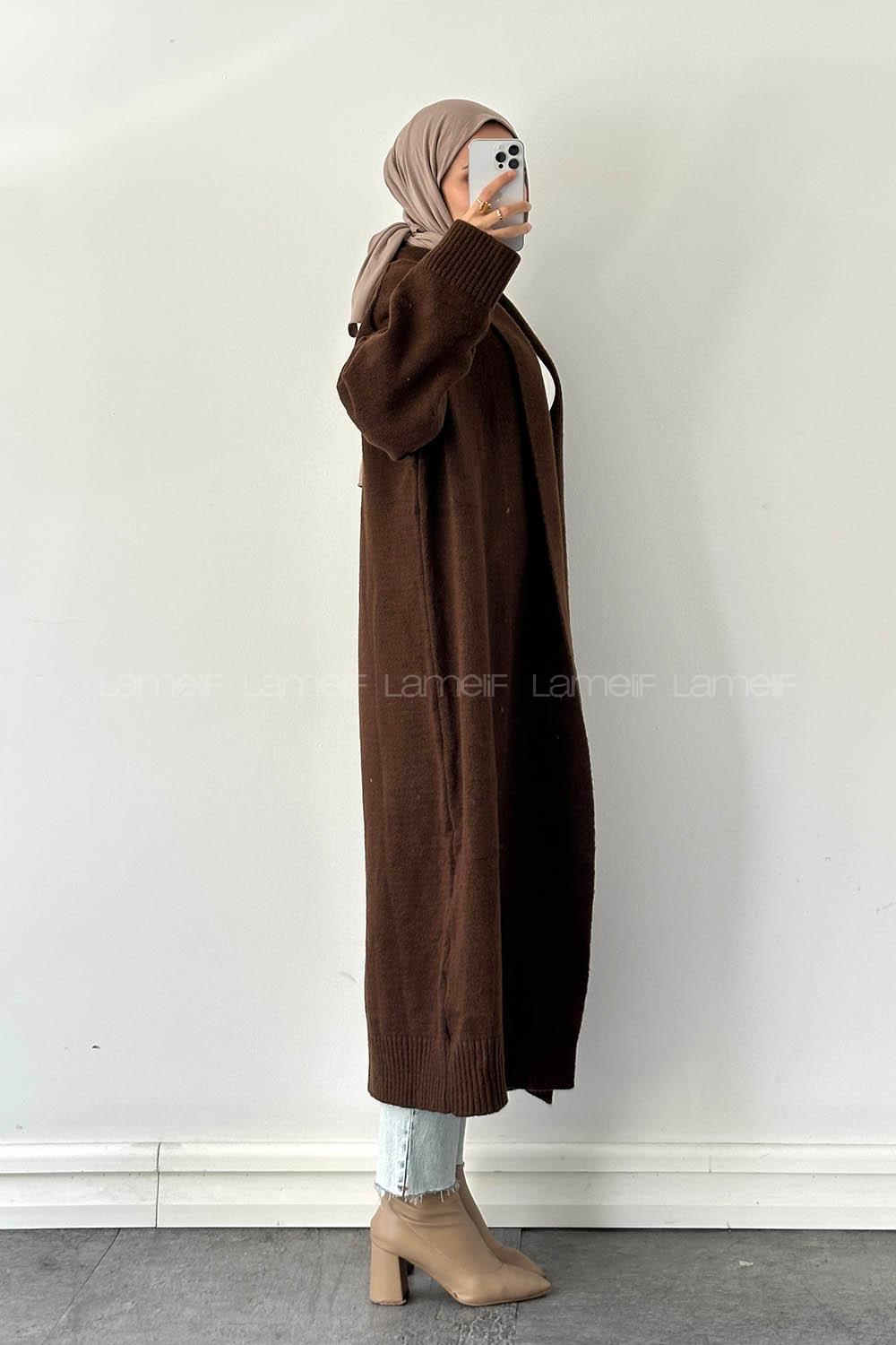 Lamelif Uzun Tesettür Hırka Kahverengi