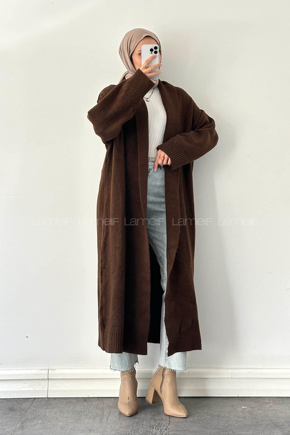 Lamelif Uzun Tesettür Hırka Kahverengi
