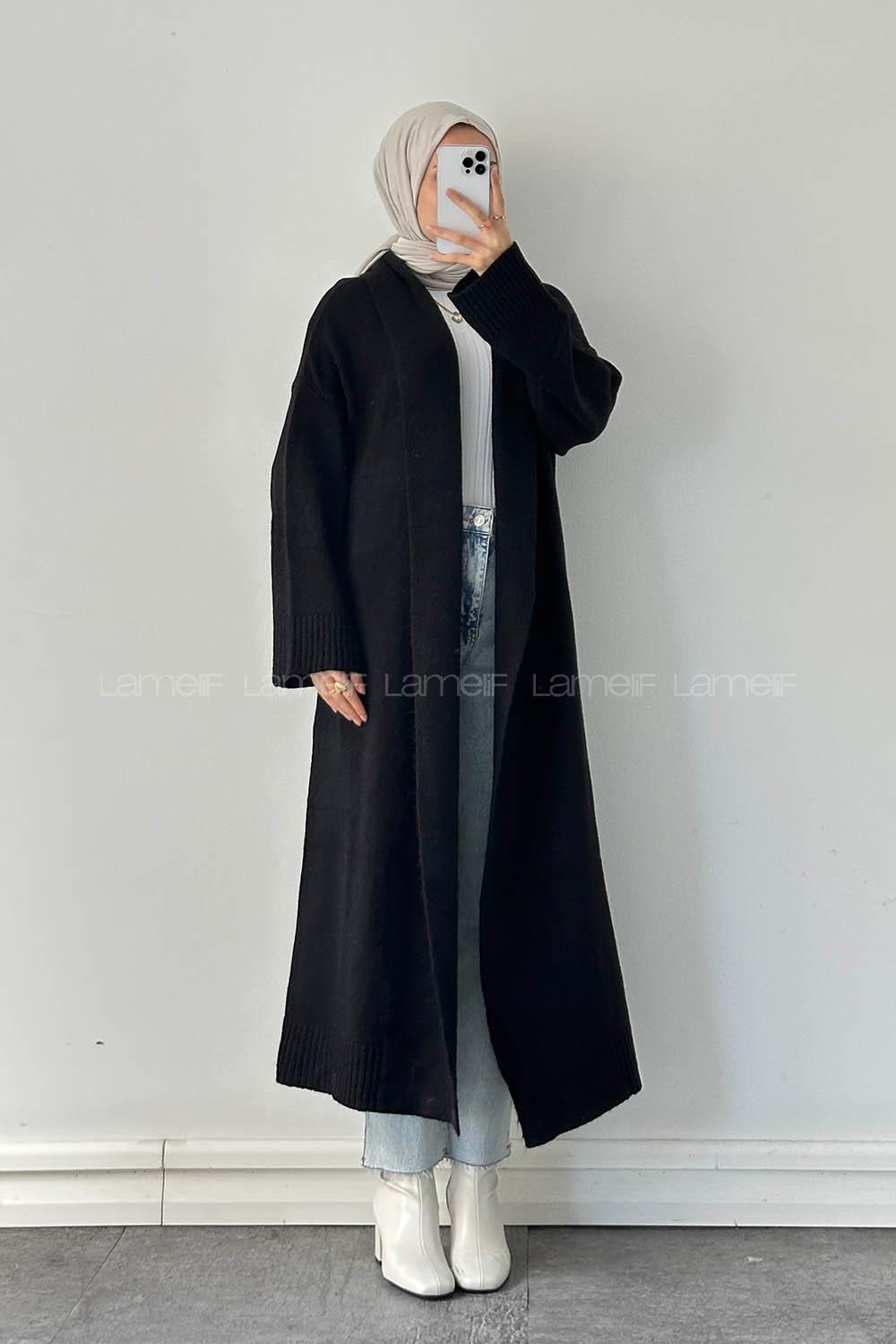 Lamelif Uzun Tesettür Hırka Siyah