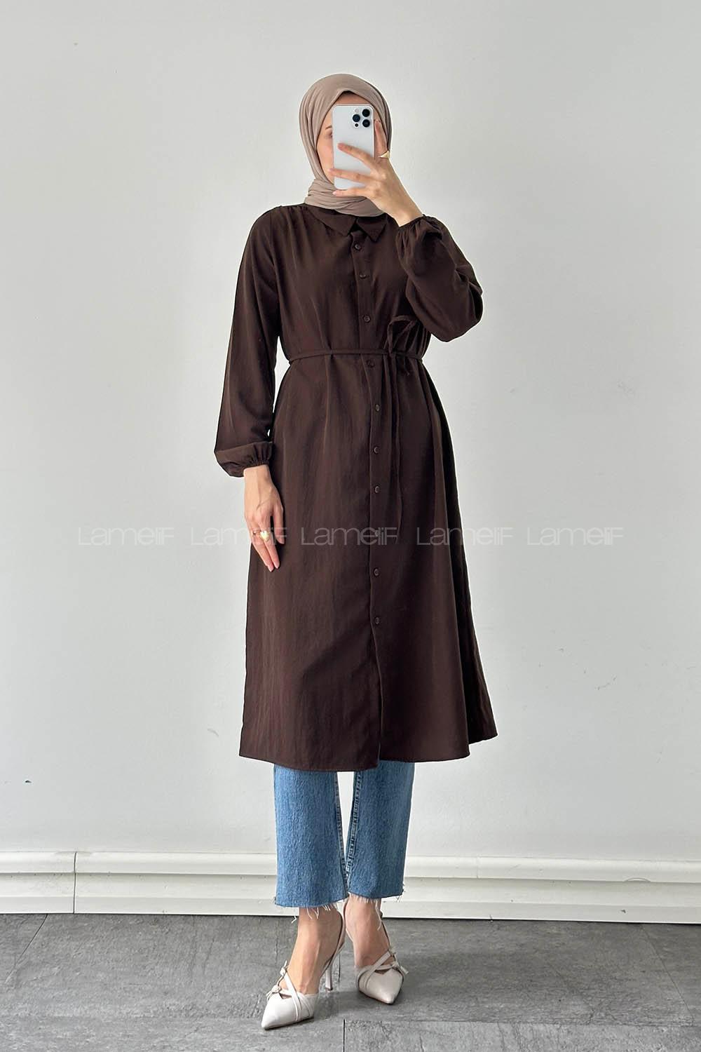 Lamelf Cupra Bağlama Detaylı Tunik Acı Kahve