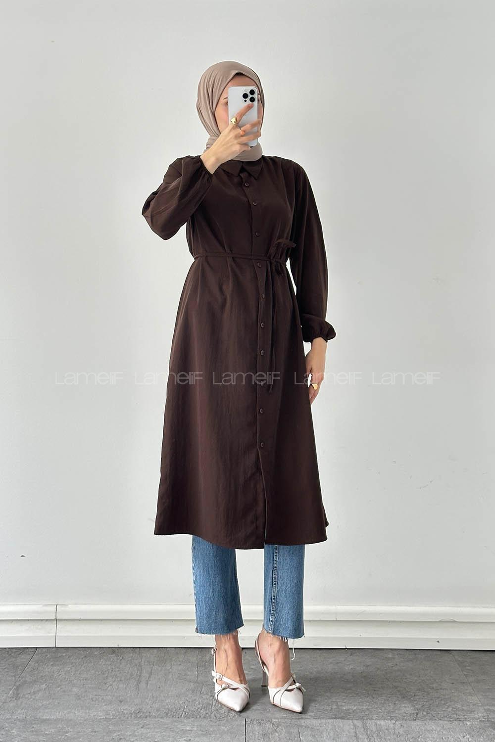 Lamelf Cupra Bağlama Detaylı Tunik Acı Kahve