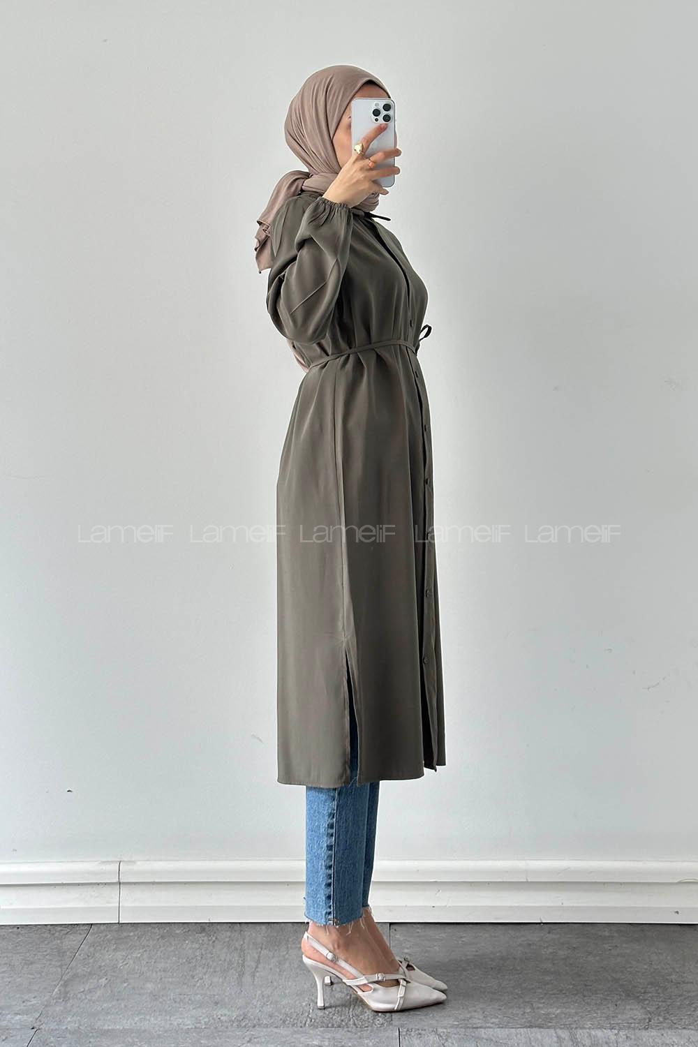Khaki Shirt Collar Cupra Tunic