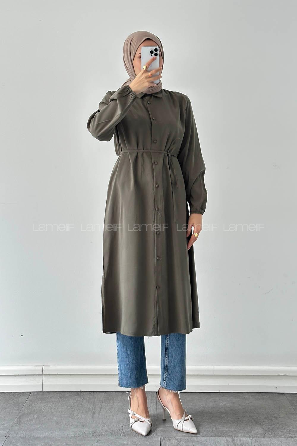 Khaki Shirt Collar Cupra Tunic