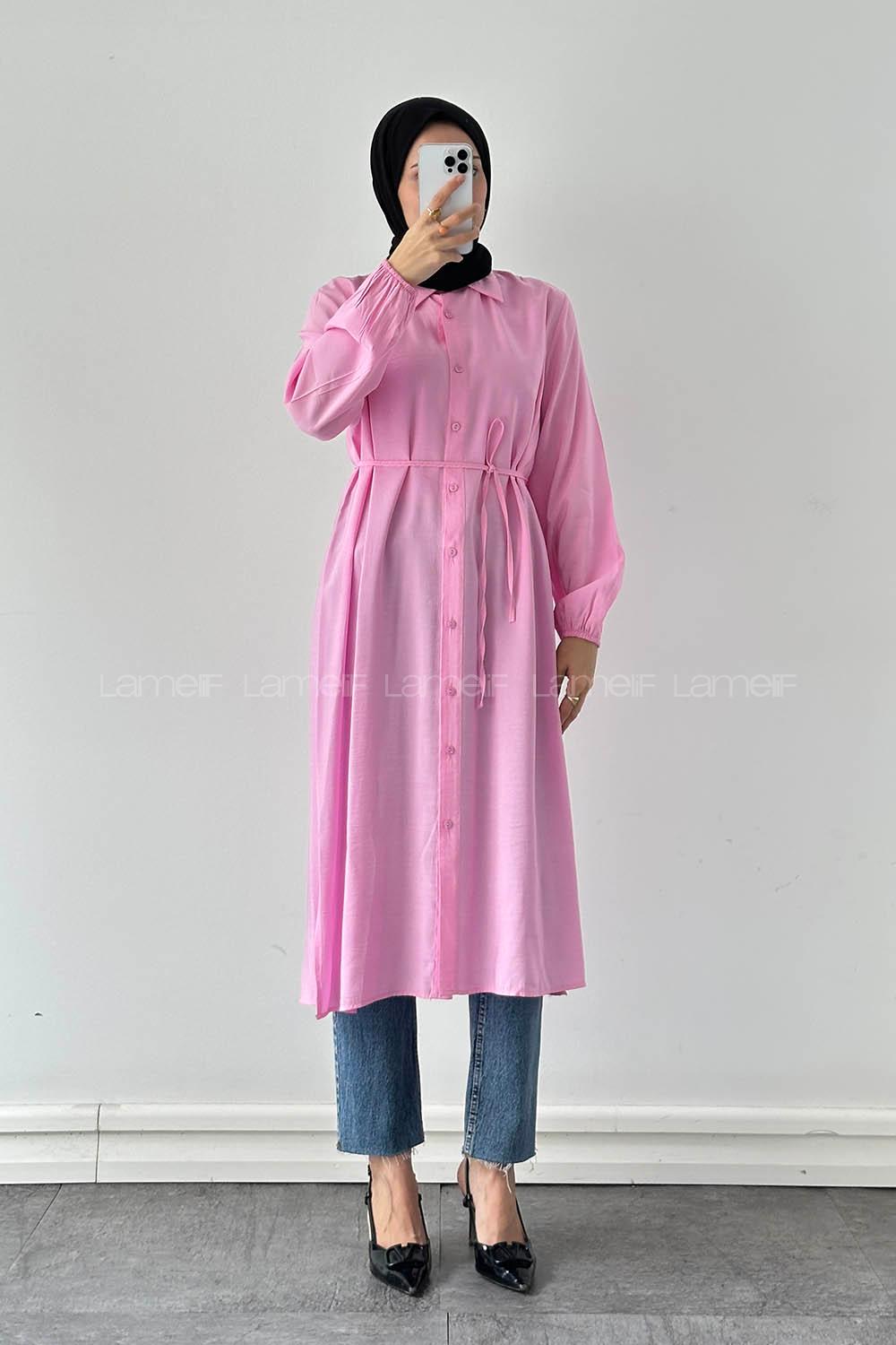 Lamelf Cupra Bağlama Detaylı Tunik Şeker Pembesi