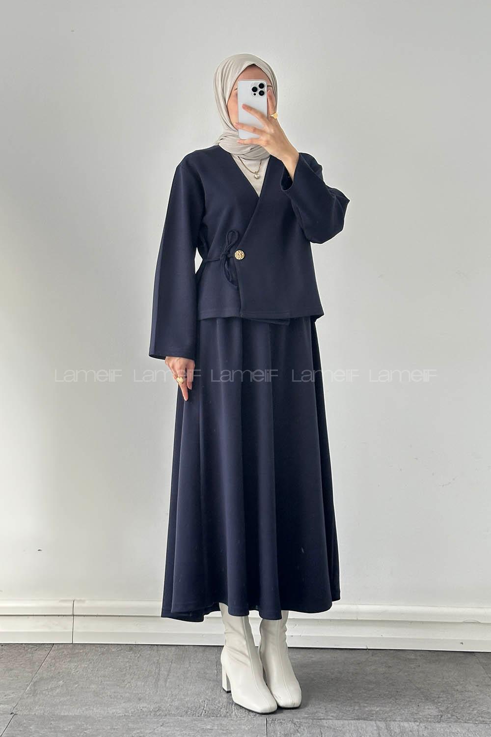 Lamelif Bağlama Detaylı Etekli Takım Lacivert