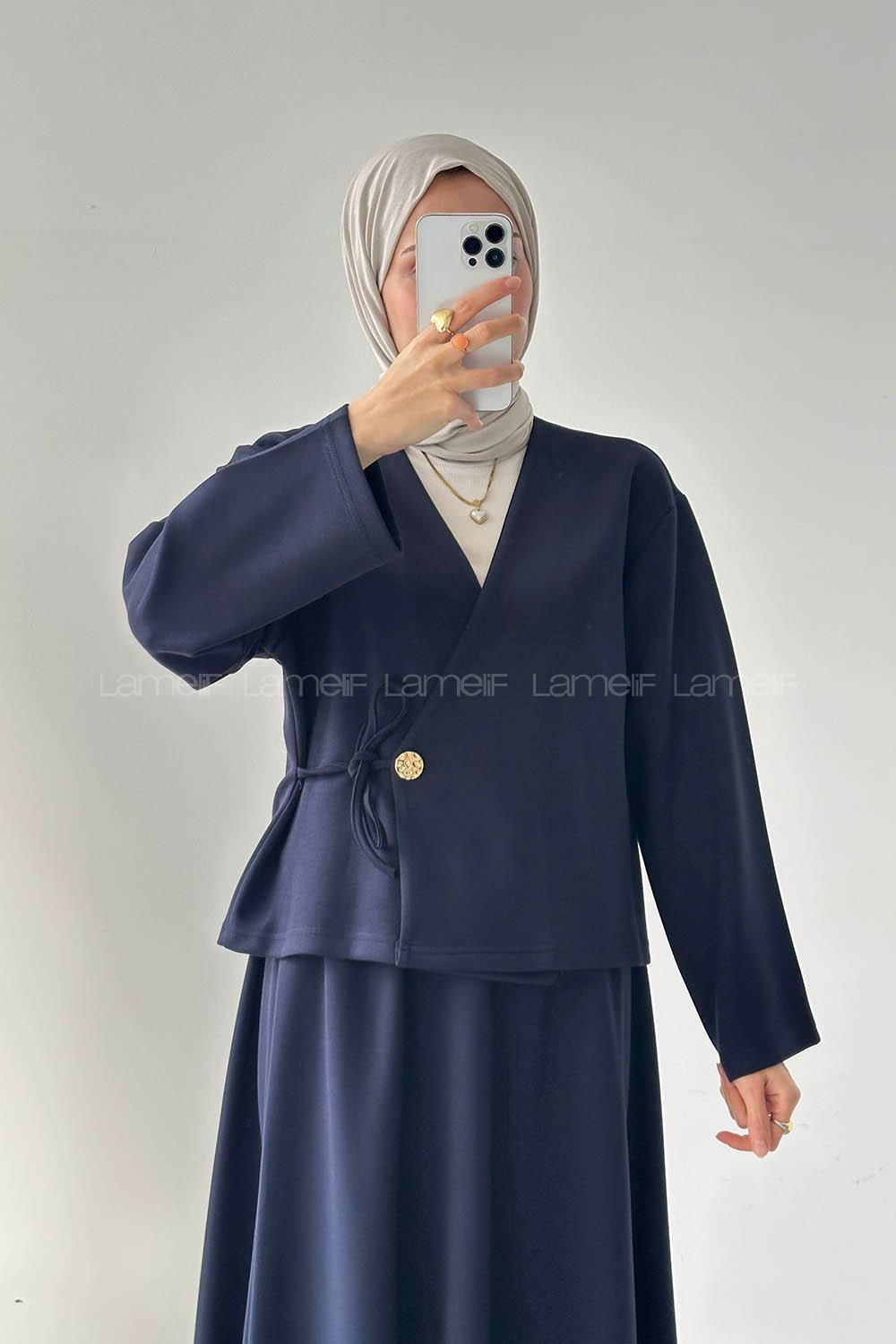 Lamelif Bağlama Detaylı Etekli Takım Lacivert