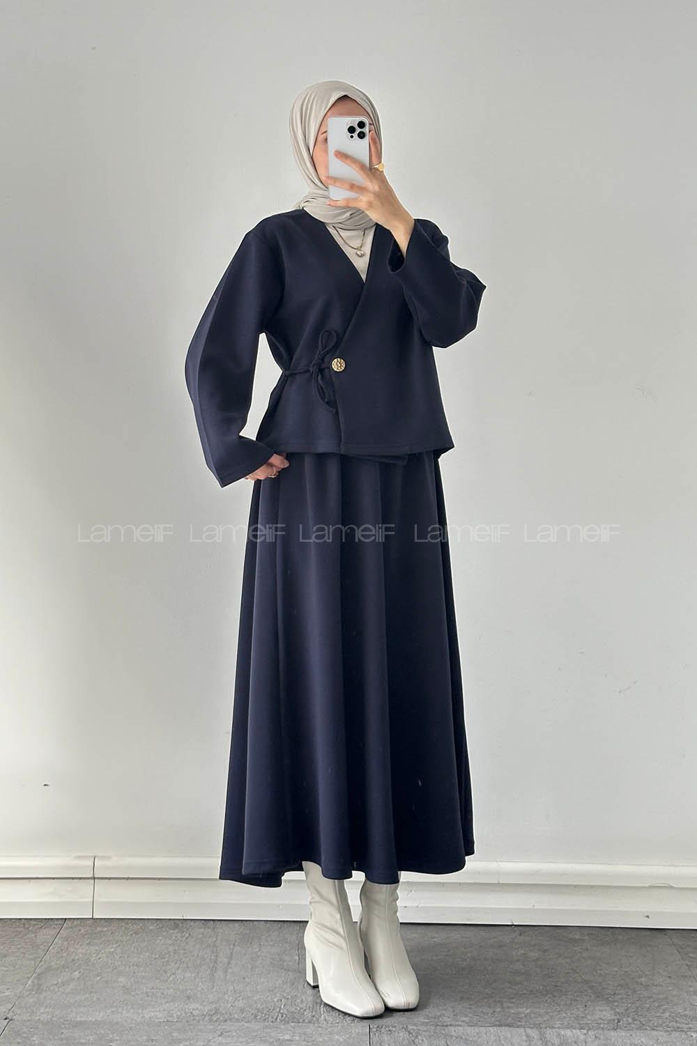 Lamelif Bağlama Detaylı Etekli Takım Lacivert