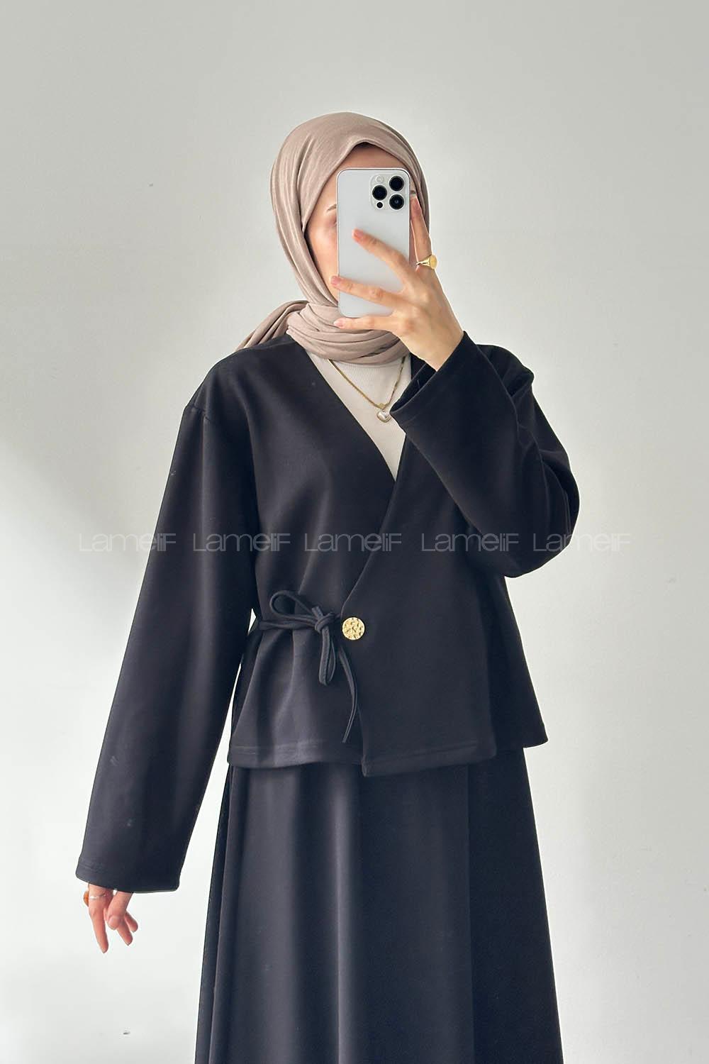 Lamelif Bağlama Detaylı Etekli Takım siyah