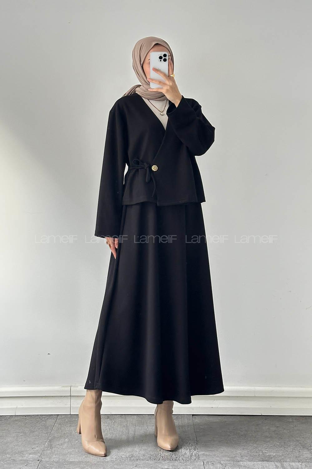 Lamelif Bağlama Detaylı Etekli Takım siyah