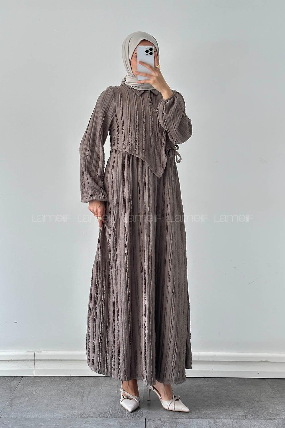 Lamelif Fırfır Detaylı Elbise Gri