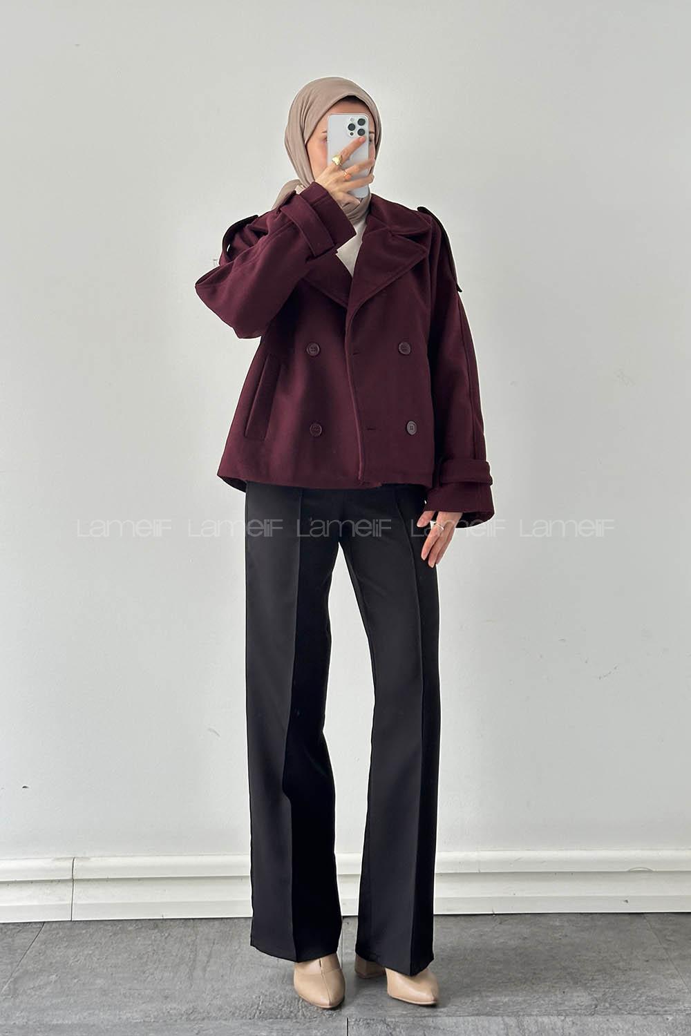 Lamelif Fleto Cep Apoletli Kaşe Kaban Mürdüm