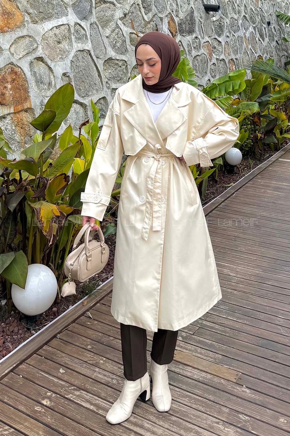 Cream Long Arm Poplin Fabric Trench Coat
