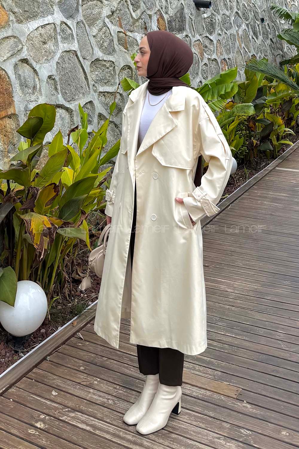 Cream Long Arm Poplin Fabric Trench Coat