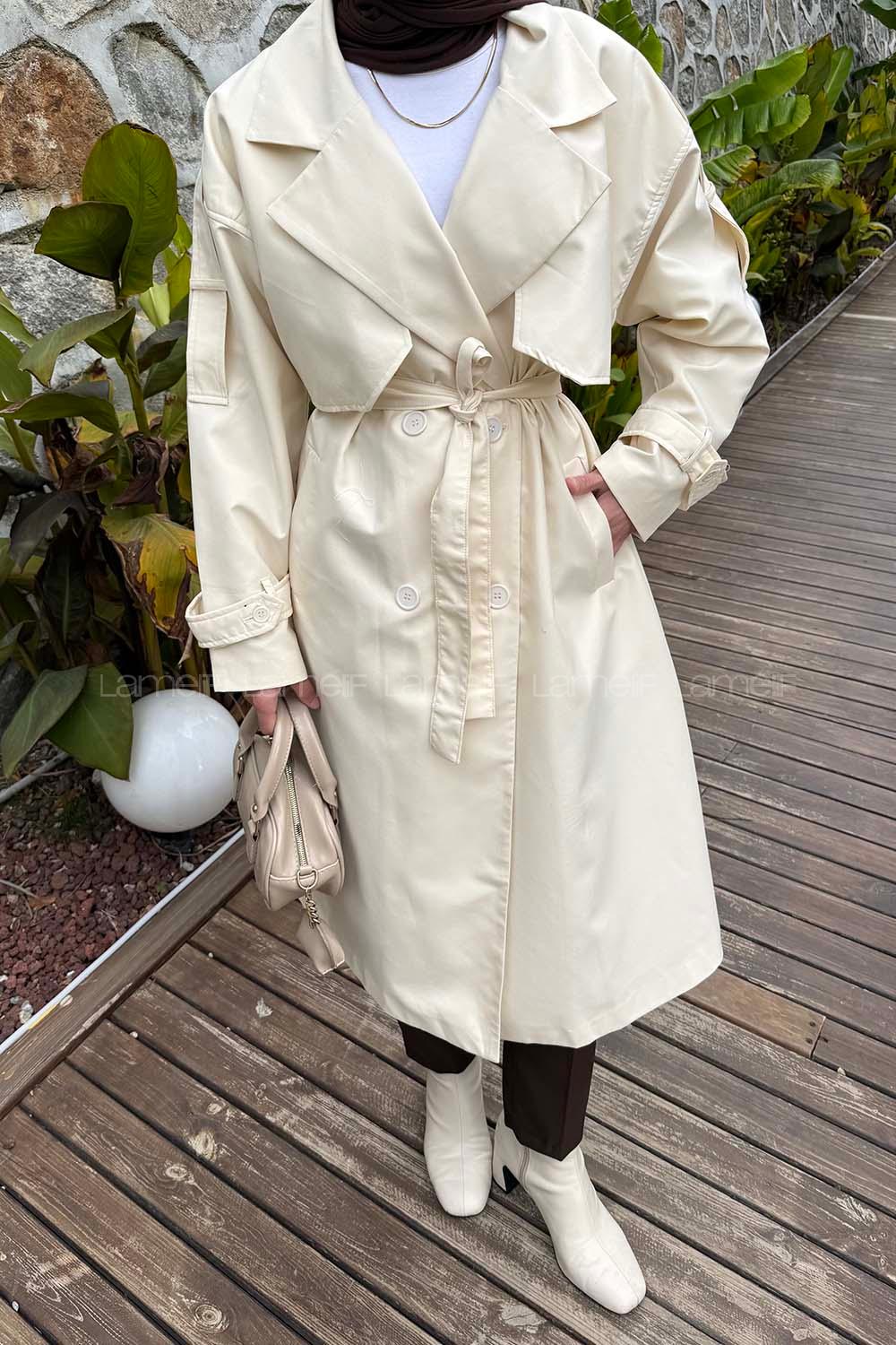 Cream Long Arm Poplin Fabric Trench Coat