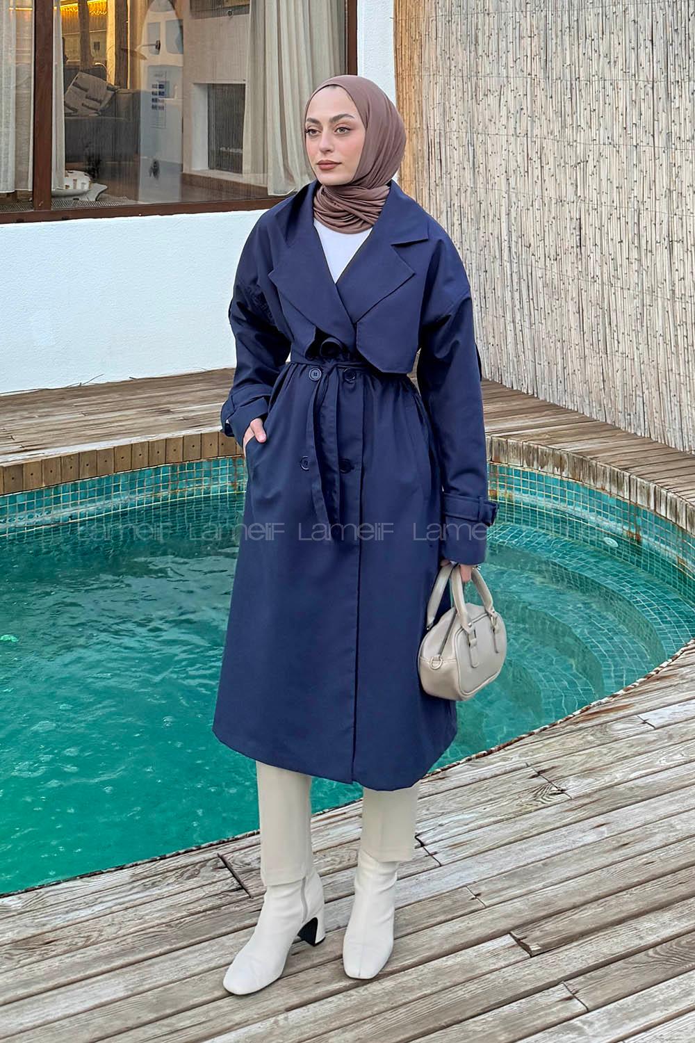 Navy Blue Long Arm Poplin Fabric Trench Coat