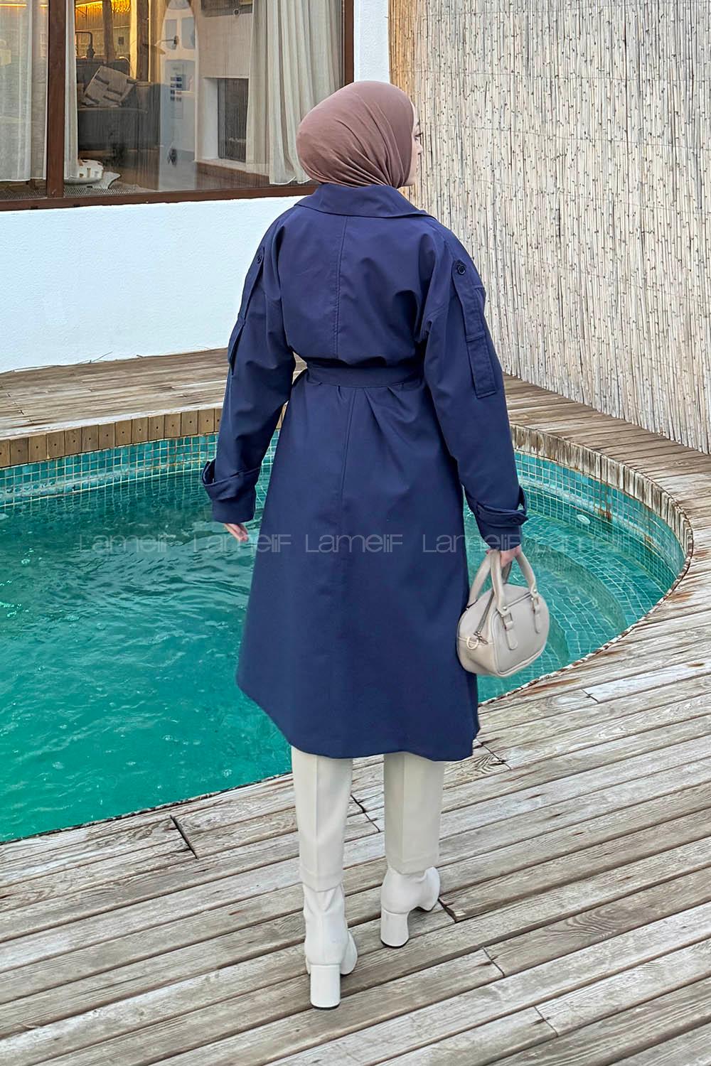 Navy Blue Long Arm Poplin Fabric Trench Coat