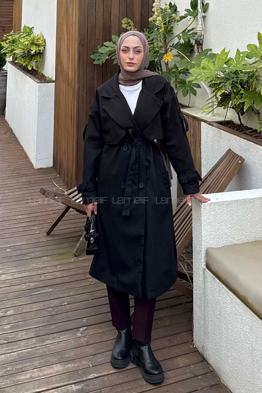 Black Long Arm Poplin Fabric Trench Coat