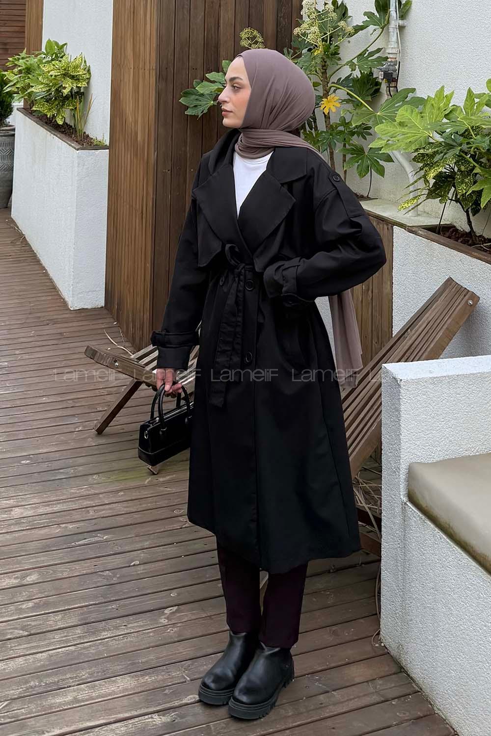 Black Long Arm Poplin Fabric Trench Coat