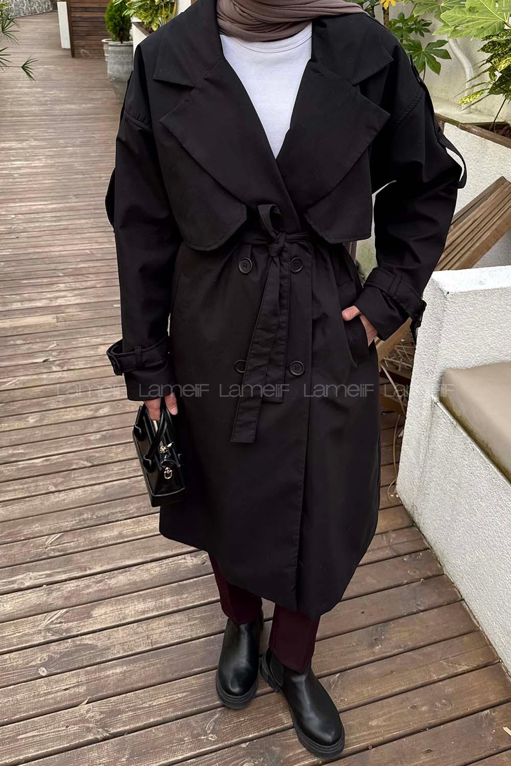 Black Long Arm Poplin Fabric Trench Coat