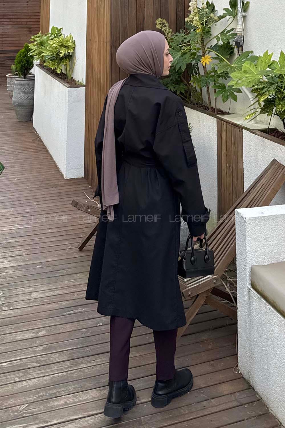 Black Long Arm Poplin Fabric Trench Coat