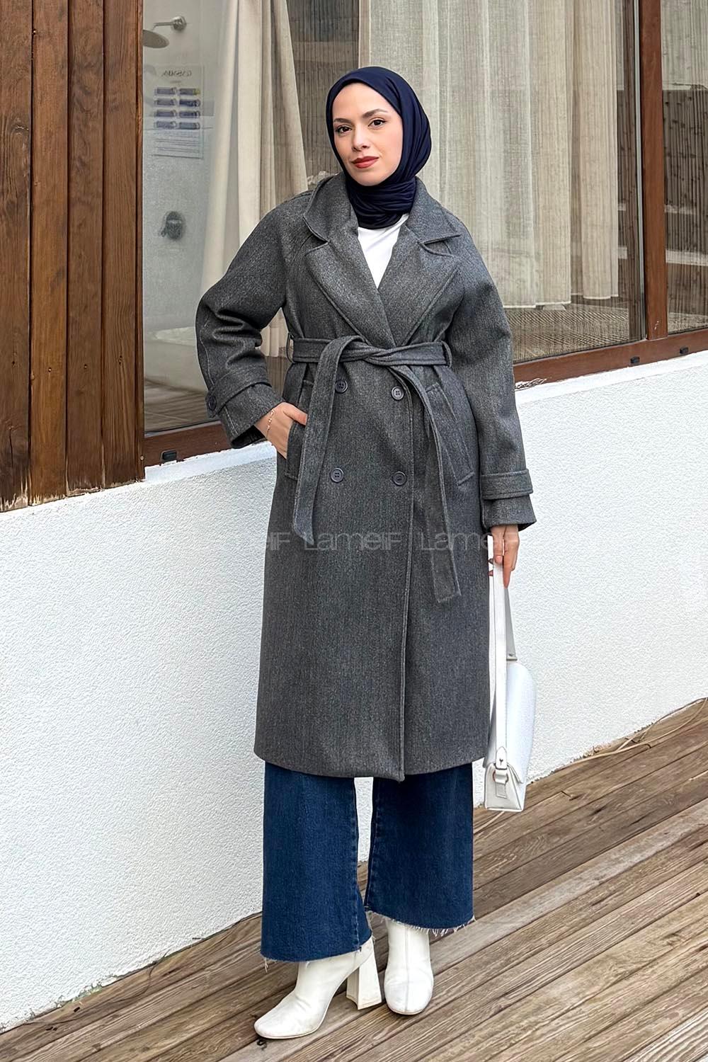 Lamelif Bağlama Detaylı Kaşe Kaban Antrasit