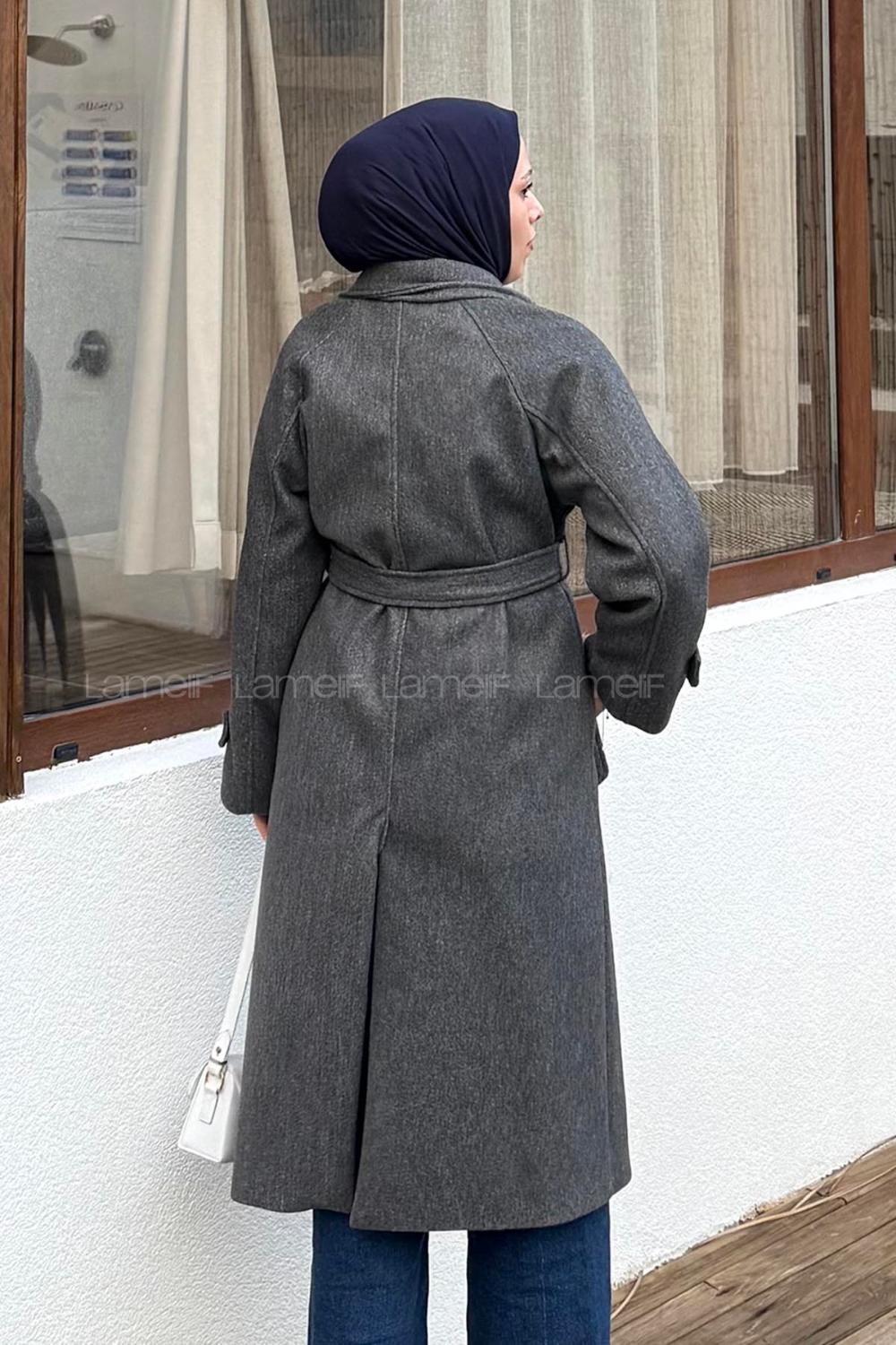 Lamelif Bağlama Detaylı Kaşe Kaban Antrasit