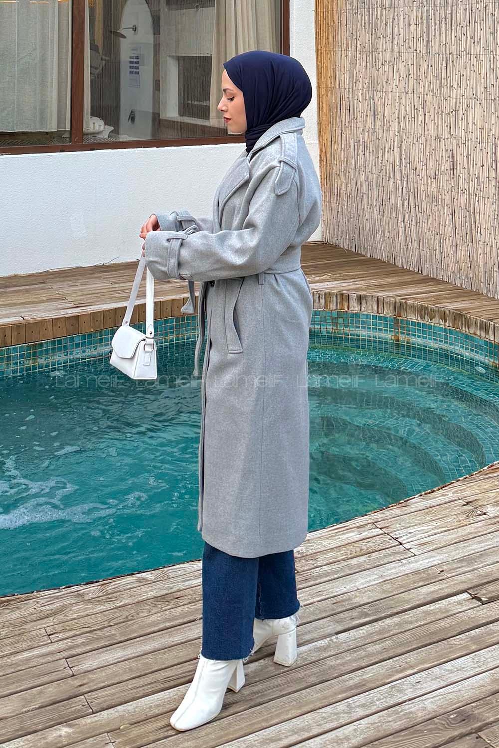 Lamelif Bağlama Detaylı Kaşe Kaban Gri