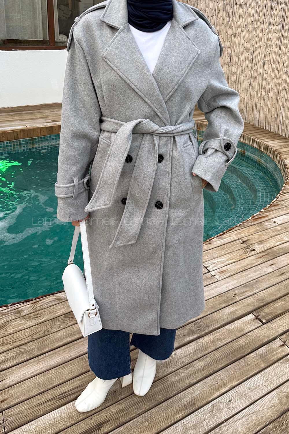 Lamelif Bağlama Detaylı Kaşe Kaban Gri