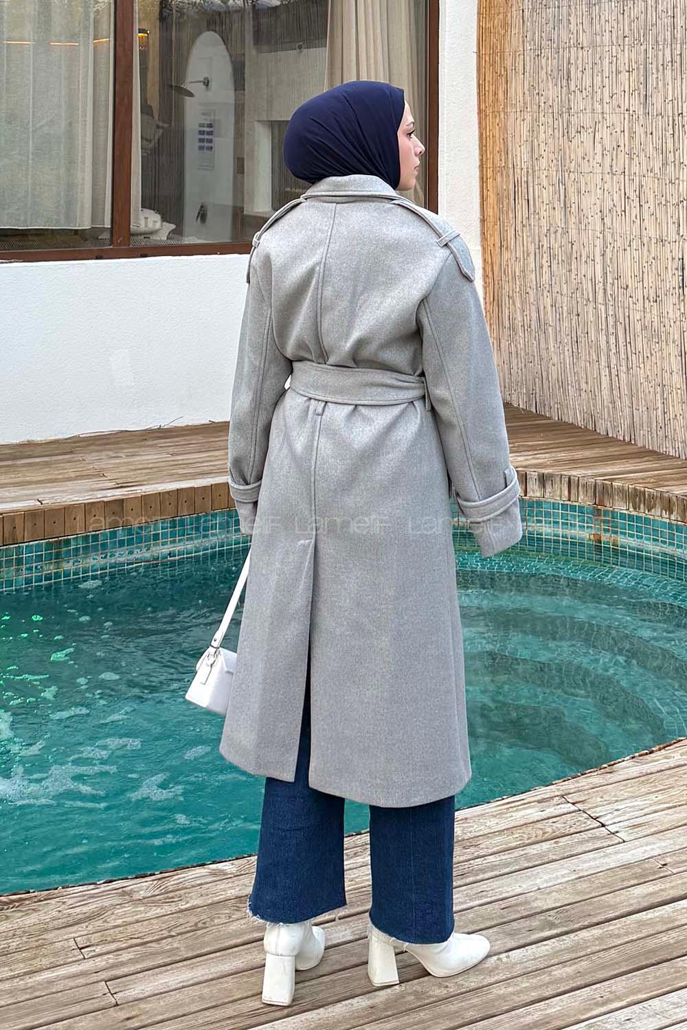 Lamelif Bağlama Detaylı Kaşe Kaban Gri