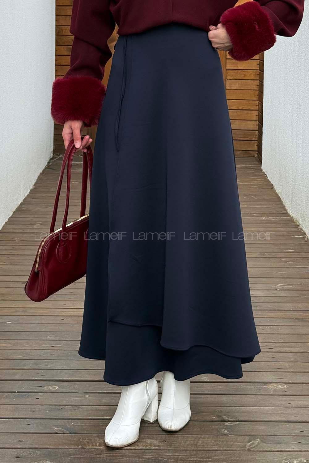 Lamelif Bağlama Detaylı Scuba Etek Lacivert