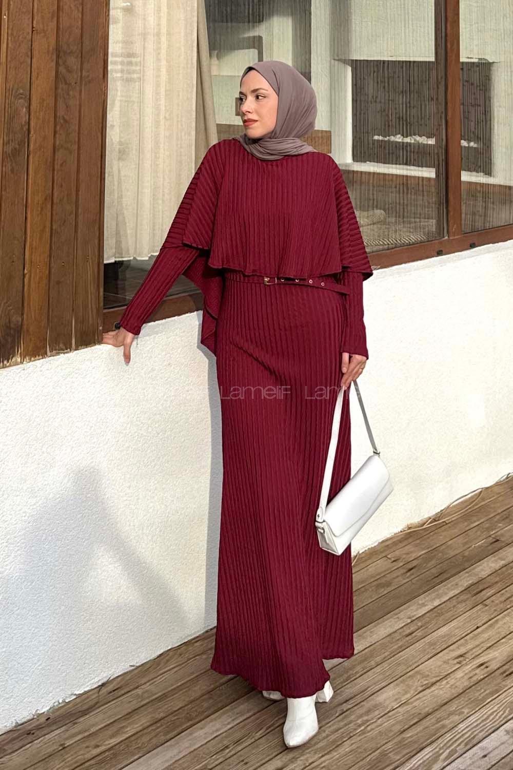 Lamelif Balıksırtı Kemerli Elbise Bordo