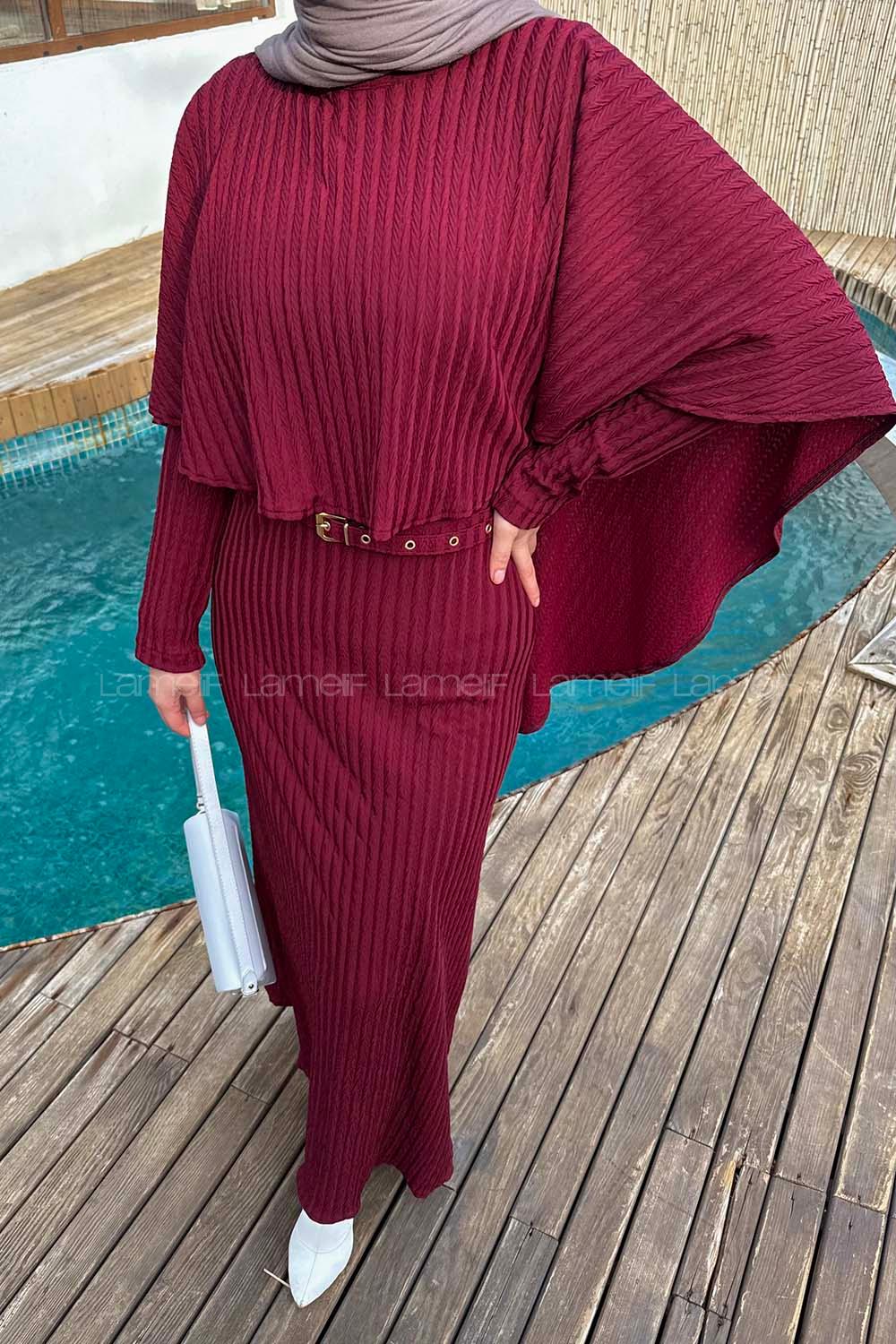 Lamelif Balıksırtı Kemerli Elbise Bordo