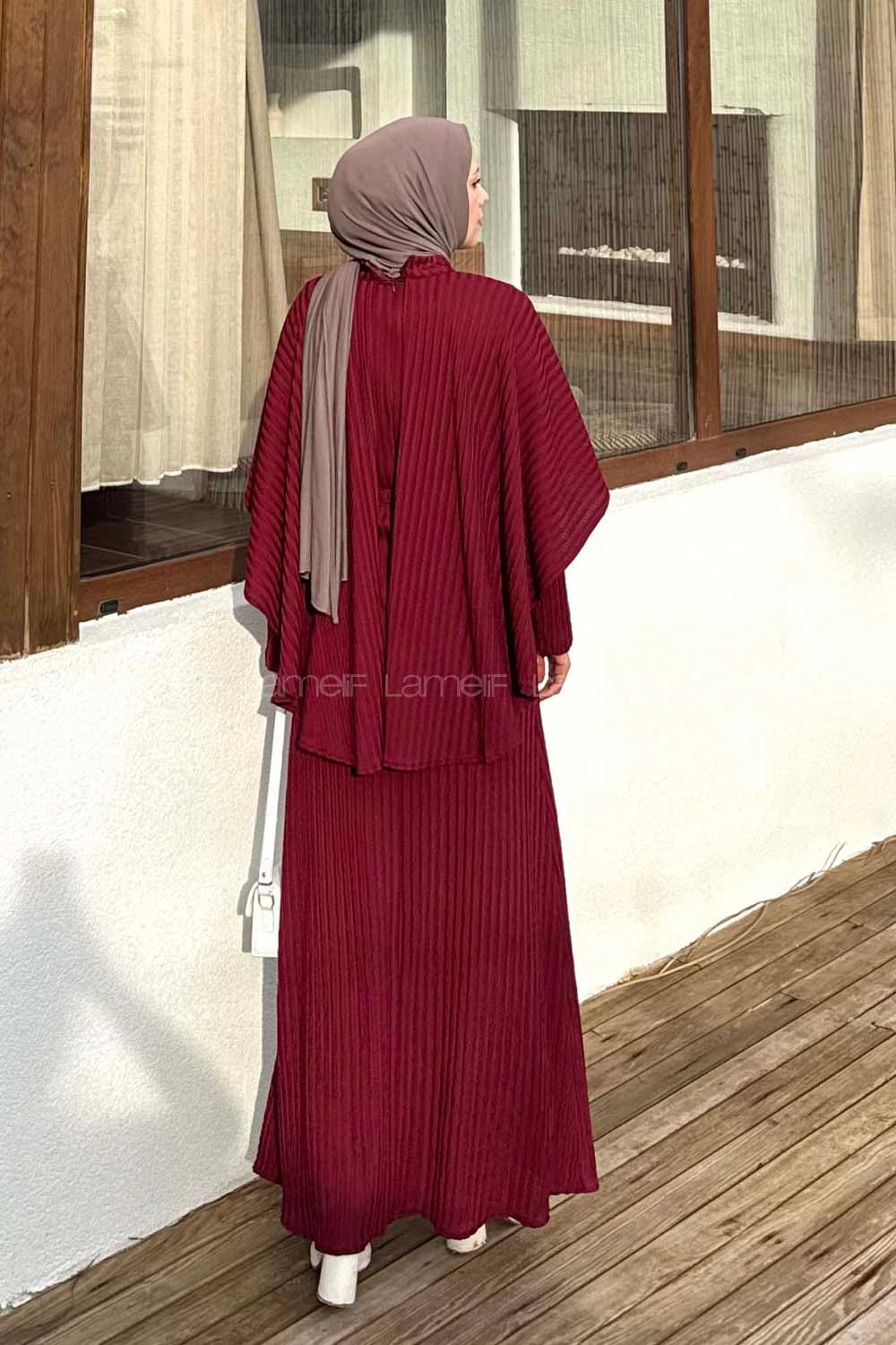 Lamelif Balıksırtı Kemerli Elbise Bordo