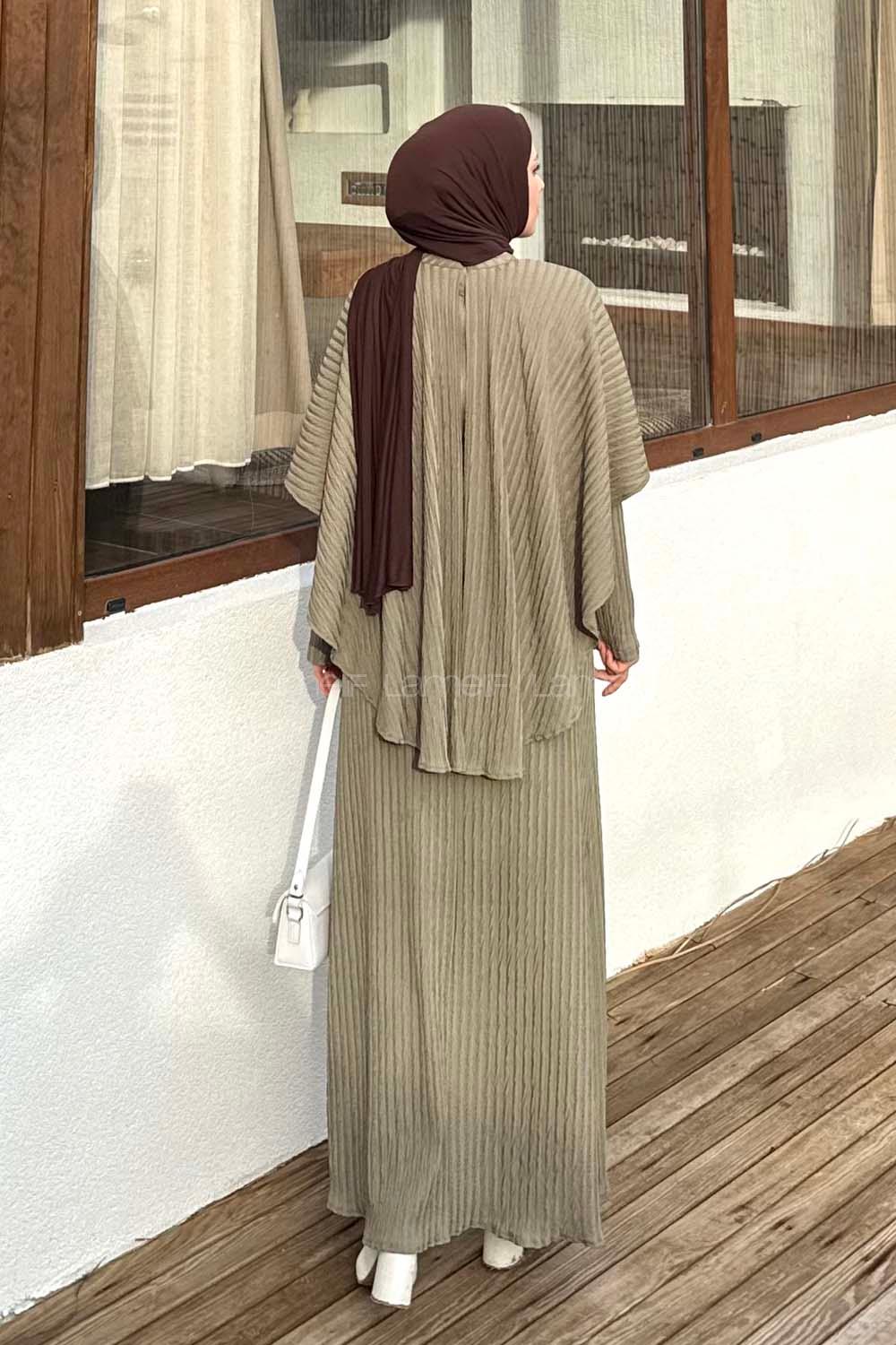 Lamelif Balıksırtı Kemerli Elbise Haki