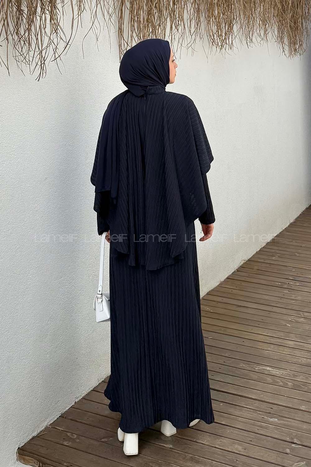 Lamelif Balıksırtı Kemerli Elbise Lacivert