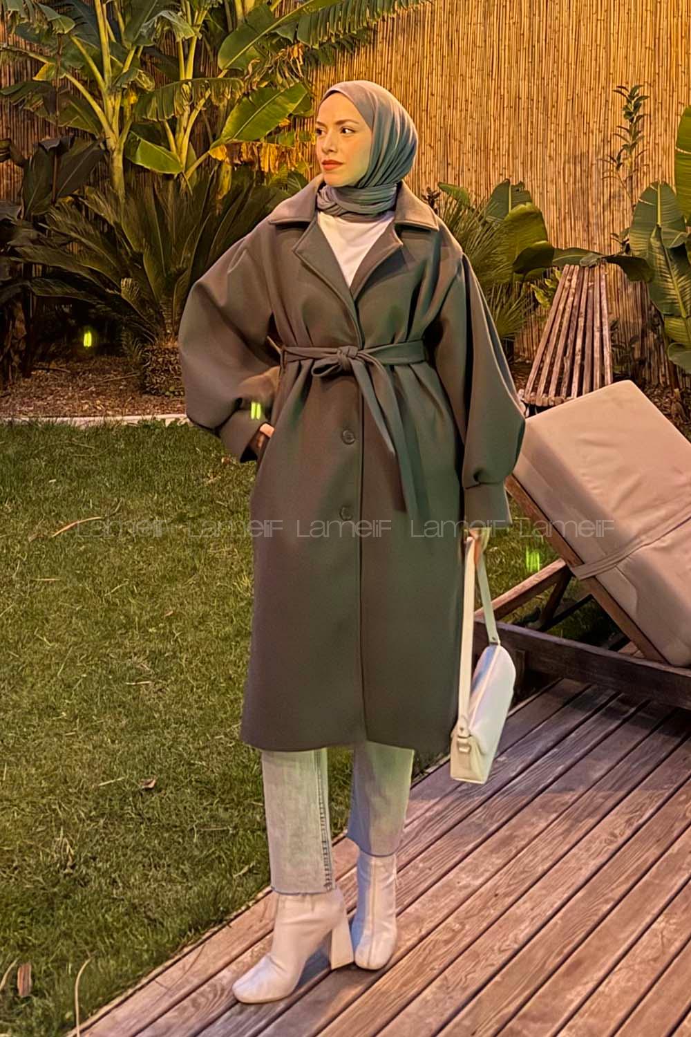 Anthracite V Neck Balloon Sleeve Arm Stamp Fabric Coat